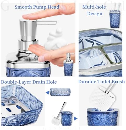 Bathroom Accessory Set, 9-Piece Blue Bathroom Set with Trash Can, Toilet Brush, Soap Dispenser, Soap Dish, Toothbrush Holder, Tumbler, Q-tip Holders & Tray, for Hotel/Apartment, Housewarming Gift - Image 5
