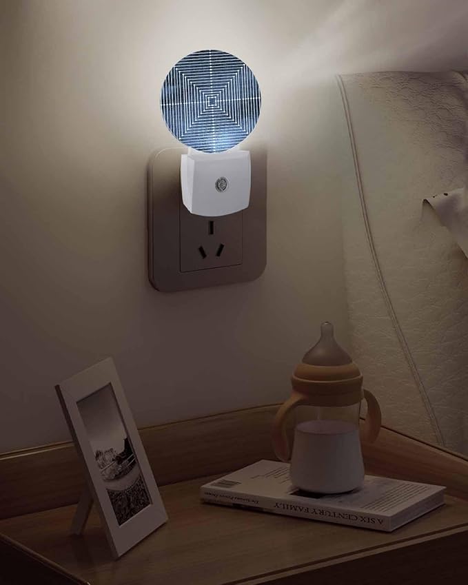 Night Lights Auto Sensor Navy Blue Aesthetic Night Light Lines Perspective Box Round Lamp Plug-in LED Nightlights Dusk to Dawn for Living Room Bedroom Bathroom Hallway Wall Decor