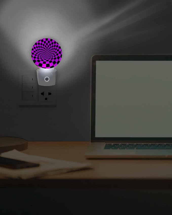 Night Lights Auto Sensor Purple Black Checker Night Light 3D Abstract Mosaic Tiles Round Lamp Plug-in LED Nightlights Dusk to Dawn for Living Room Bedroom Bathroom Hallway Wall Decor