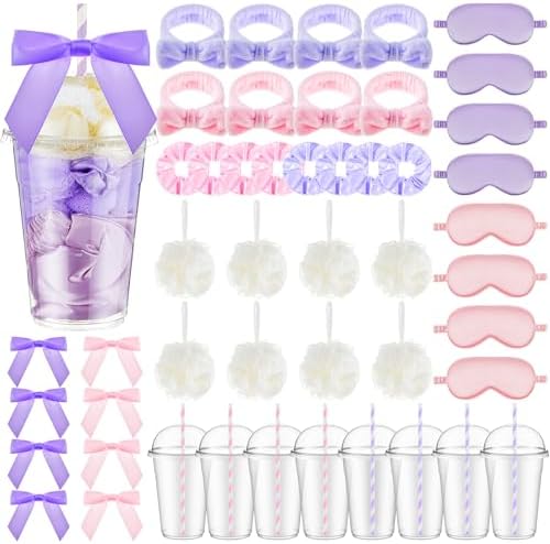 Nitial 56 Pcs Spa Sleepover Party Supplies Including Headband Sleep Eye Mask Velvet Scrunchies Bath Loofah Sponges Plastic Cup with Lids Straws for Girls' Night Birthday Party (Pink Purple) by Nitial