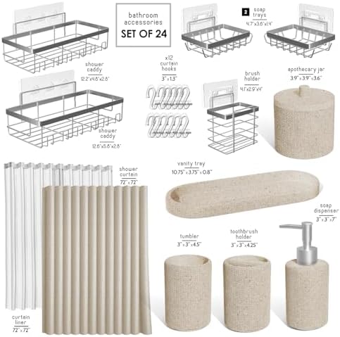 Clara Clark Bathroom Set - Beige Bathroom Accessories Set, 24PC Bathroom Accessory Set, Bathroom Sets with Shower Curtain Set, Adhesive Corner Shower Caddy Hanging & Soap Dispenser - Image 2