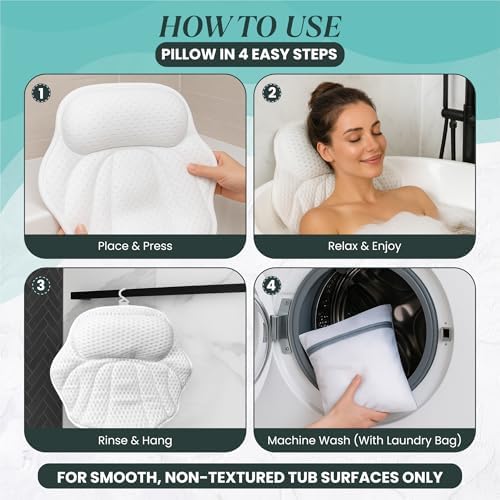 Bath Pillows for Tub, Complete Spa Set with Loofah & Wash Bag – Bathtub Pillow for Head and Neck and Back Support, 6 Strong Suction Cups, Quick-Dry 4D Air Mesh, Gift-Ready - Image 6