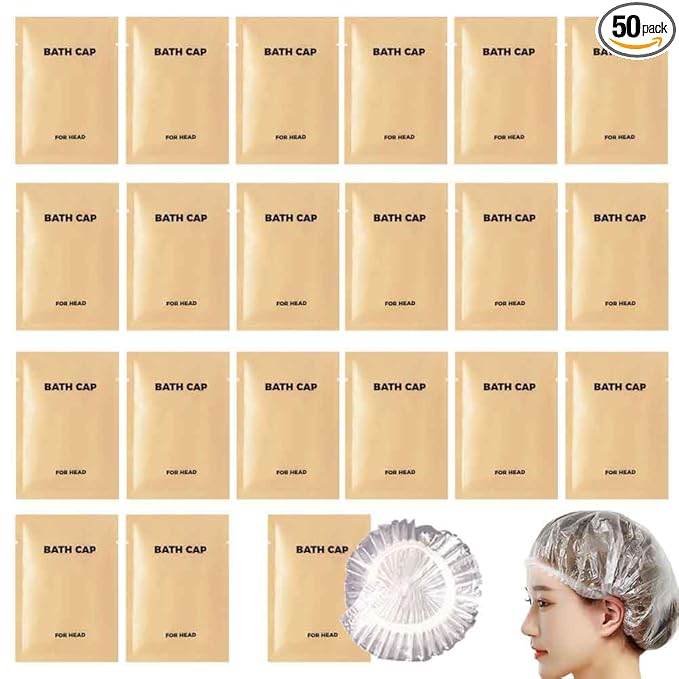 50PCS Portable Individually Wrapped Disposable Shower Caps, Plastic Waterproof Elastic Pocket Hair Bath Caps,Multipurpose Travel Shower Caps, Perfect for Hair Treatment, Salon, Spa, Hotel,Home,Travel