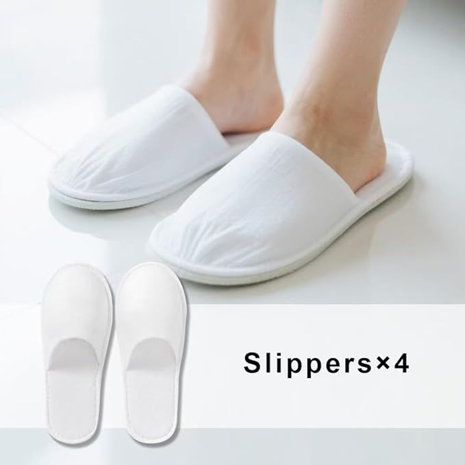 48pcs Disposable Travel Set: Bed Sheet*2 Duvet Cover*2 Pillow case*4 Bath Towels*4 Shower Caps*4 Plastic Bathtub Bag*5 Toilet Seat Covers*4 Compression face Towel*15 Toothbrushes*4 Slippers*4