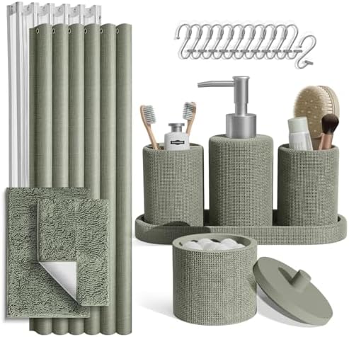 Clara Clark Sage Green Bathroom Set - Bathroom Sets with Shower Curtain and Rugs, 21PC Bathroom Accessory Set, Shower Curtain Set with Soap Dispenser & Toothbrush Holder by ClaraClark