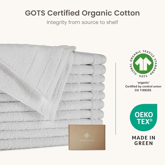 BIOWEAVES 100% Organic Cotton 700 GSM Luxury Wash Cloths GOTS Certified 13" x 13" Face Towel - Silver, Pack of 12