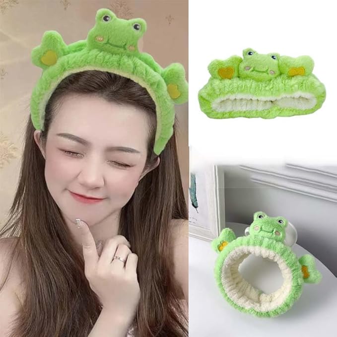 Kawaii Spa Headband for Women,Cute Bear Hairband for Make Up, Washing, Party, Cute Headwear Costume Accessories for Woman (Green,Frog)