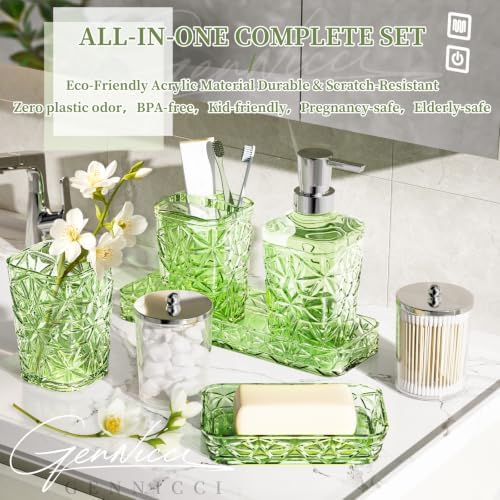 Bathroom Accessory Set, 9-Piece Green Bathroom Set with Trash Can, Toilet Brush, Soap Dispenser, Soap Dish, Toothbrush Holder, Tumbler, Q-tip Holders & Tray, for Hotel/Apartment, Housewarming Gift - Image 4