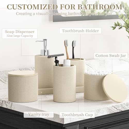 6-Piece Beige Bathroom Set - Mesh Textured Resin Bathroom Accessories Set with Soap Dispenser, Toothbrush Holder, Cup, Vanity Tray & Apothecary Jars for Small Spaces - Image 2