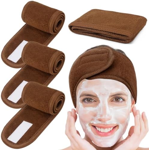 Whaline 4Pcs Spa Facial Headbands Make Up Wrap Head Terry Cloth Headband Soft Adjustable Towel Band for Face Washing Shower Facial Cover Yoga (Coffee) by Whaline