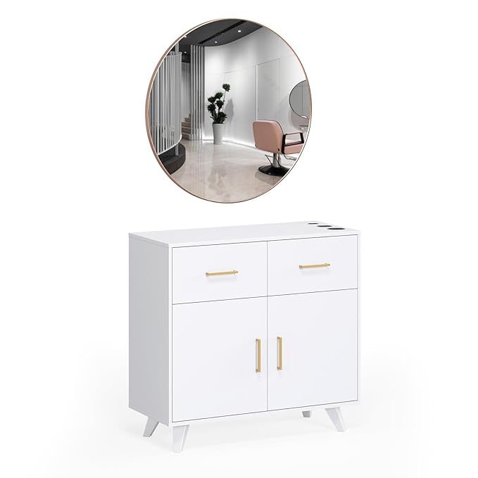 OmySalon Wall Mount Salon Station, Barber & Hair Stylist Station with Round Mirror, Hair Dryer Holders, Storage Cabinet & Adjustable Shelf, Beauty Spa Dresser, White