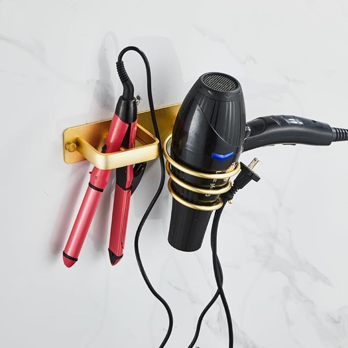 YUET Hair Dryer Holder Hairdryer Station Wall Mounted Shelf Bracket Straightener Stand Hanger Organizer Blow Storage w/Cable Tidy Rack for Dressing Table Bathroom Aluminum Professional, Gold Brass