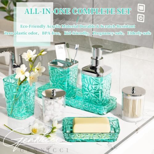 Bathroom Accessory Set, 9-Piece Teal Bathroom Set with Trash Can, Toilet Brush, Soap Dispenser, Soap Dish, Toothbrush Holder, Tumbler, Q-tip Holder & Tray, for Hotel/Apartment, Housewarming Gift - Image 4