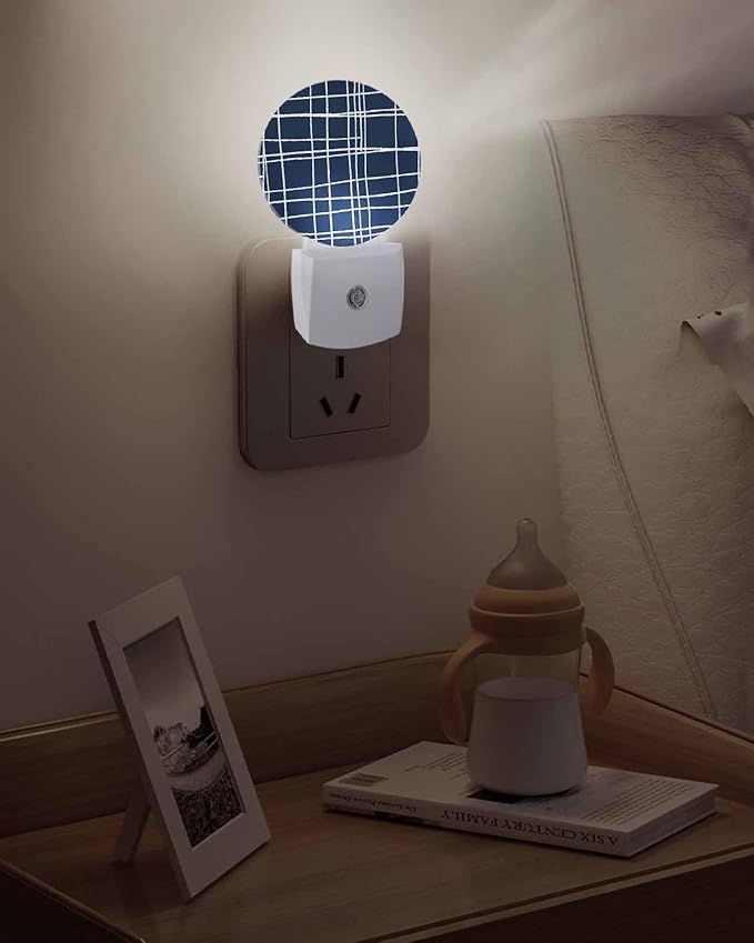 Night Lights Auto Sensor Navy Blue Checked Plaid Night Light Minimalist Grid Lines Round Lamp Plug-in LED Nightlights Dusk to Dawn for Living Room Bedroom Bathroom Hallway Wall Decor