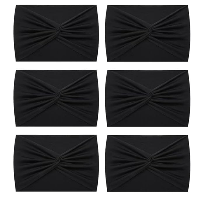 HAUHC Extra Wide Headbands for Women, 7'' Large Cotton Like Turban Knotted Bandana Head Bands for Women Non Slip, Boho Headbands for Women's Hair (All Black-6Pcs, Extra Large 7" Wide)