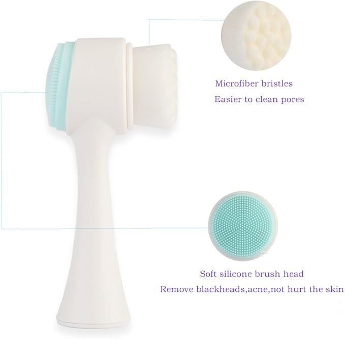 2 in 1 Face Brush - Double Sided Facial Cleansing Brush with Silicone Cleansing Side and Soft Bristles for Washing, Exfoliating and Massaging Your Skin (White and Blue)