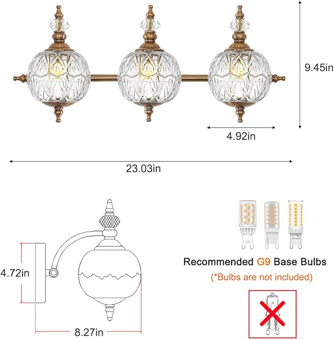 Brushed Antique Brass Bathroom Vanity Light Fixture Vintage Style - 3 Light G9 Bulb Compatible, 23" Wide Bathroom Lighting Over Mirror with Hand-Etched Glass Shades, Easy Mount for Makeup Area