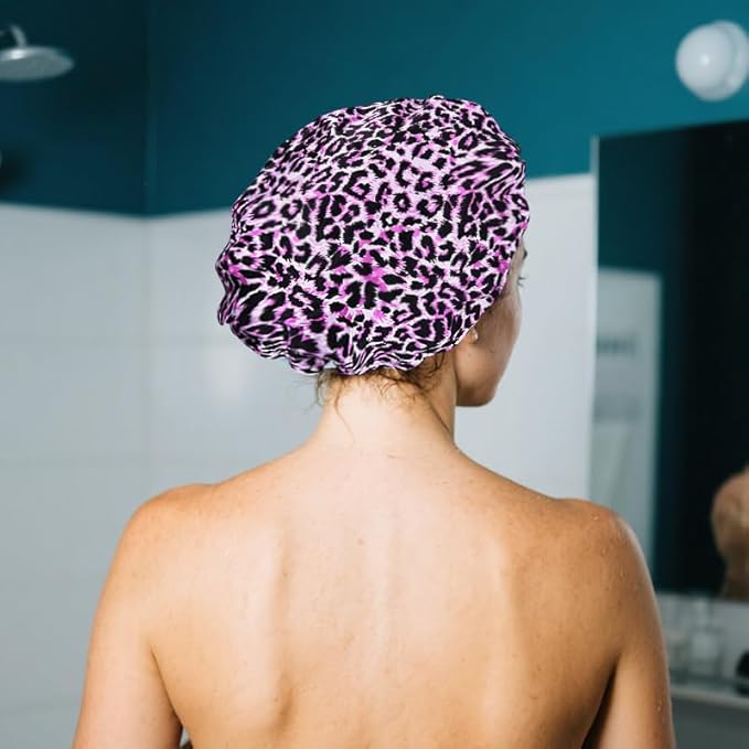 Womens Pink Leopard Print Shower Caps for Women Trendy Large Washable Lined Shower Cap for Braids Ladies Leopard Print Bathing Cap for Long Short Hair Plastic Bath Caps for Women Reusable Waterproof