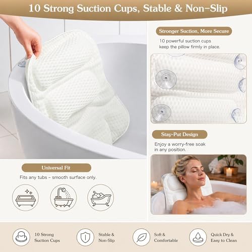 Luxury Bath Pillow for Tub, with 10 Strong Suction Cups, Non-Slip Bathtub Pillow for Head Neck & Back Support, Extra Large 21” Spa Bath Pillow, 4D Air Mesh Quick-Dry, Gift for Women(White) - Image 2