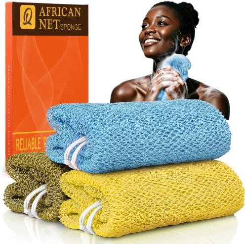 UJFQBH African Net Sponge Authentic 3 Pack, the Gentle Exfoliating Body Scrubber that Unclogs Pores, Reaches Your Back, Dries Fast, and Leaves Skin Smooth Day After Day（Yellow, Army Green, Sky Blue） by BuyNow