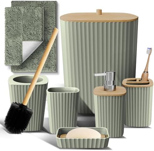 Clara Clark Bathroom Set - Sage Green Bathroom Accessories Set, 6PC Bathroom Accessory Set, Bathroom Sets with Bathroom Rugs, Toilet Brush, Trash Can & Soap Dispenser by ClaraClark
