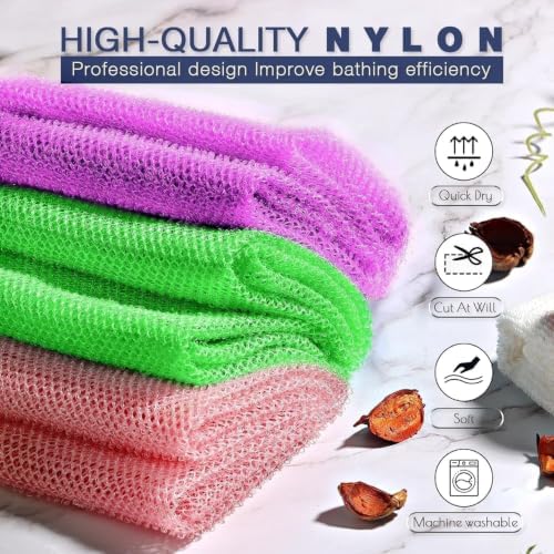 UJFQBH 3 Pieces African Bath Sponge African Net Long Net Bath Sponge Exfoliating Shower Body Scrubber Back Scrubber Skin Smoother,Great for Daily Use (Purple， Pink，Green) - Image 4