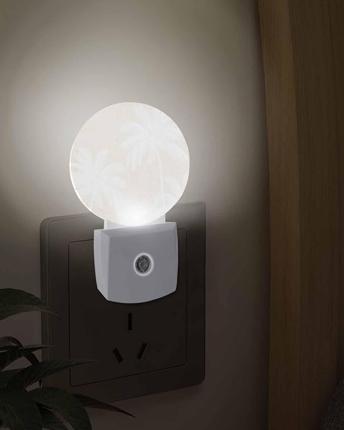 Night Lights Auto Sensor Tropical Palm Trees Night Light Beige Linen Coastal Round Lamp Plug-in LED Nightlights Dusk to Dawn for Living Room Bedroom Bathroom Hallway Wall Decor
