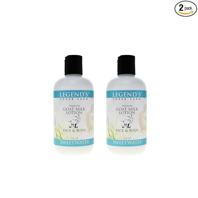 Legend's Creek Farm Goat Milk Lotion - Moisturizing Goat Milk Body Lotion for Body, Hand & Face - 9 oz Body Moisturizer with Shea Butter, Sunflower Oil, Aloe, Handmade in USA (2-pack, Sweetwater)