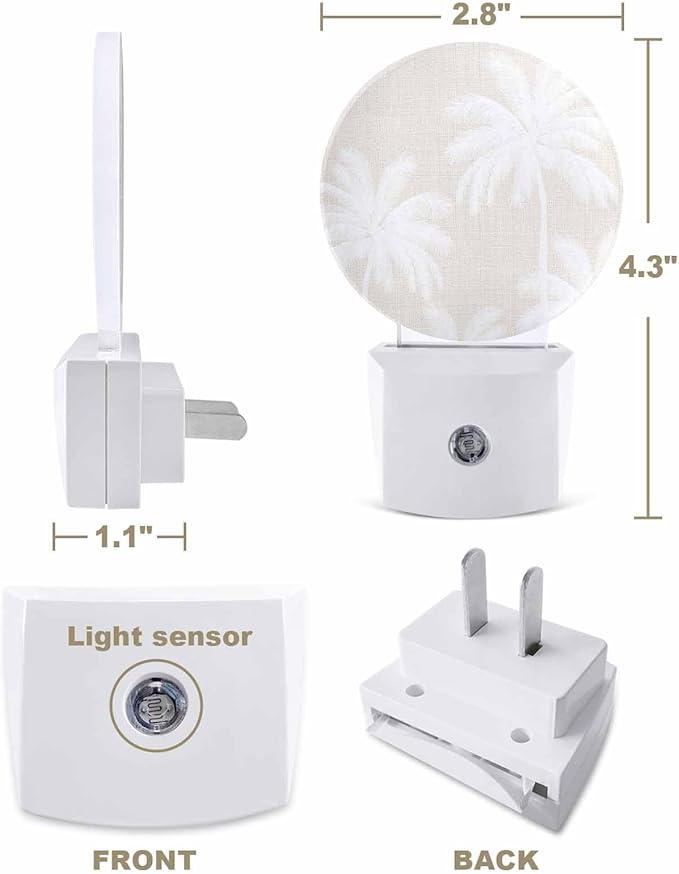 Night Lights Auto Sensor Tropical Palm Trees Night Light Cream Linen Coastal Round Lamp Plug-in LED Nightlights Dusk to Dawn for Living Room Bedroom Bathroom Hallway Wall Decor
