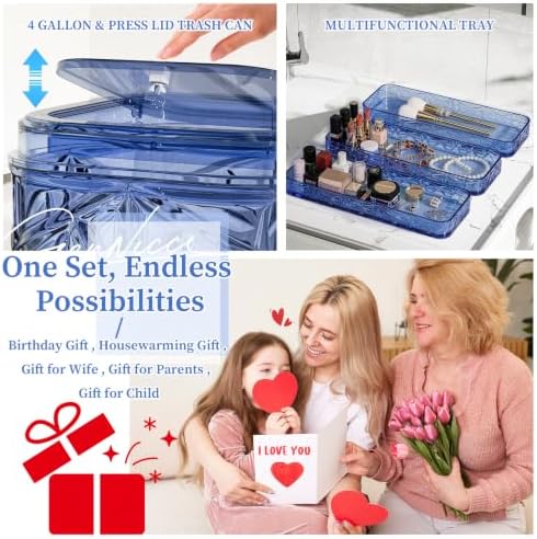 Bathroom Accessory Set, 9-Piece Blue Bathroom Set with Trash Can, Toilet Brush, Soap Dispenser, Soap Dish, Toothbrush Holder, Tumbler, Q-tip Holders & Tray, for Hotel/Apartment, Housewarming Gift - Image 6