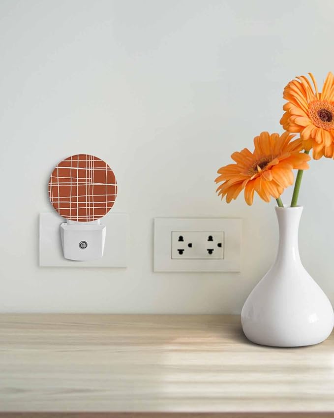 Night Lights Auto Sensor Orange Checked Plaid Night Light Minimalist Grid Lines Round Lamp Plug-in LED Nightlights Dusk to Dawn for Living Room Bedroom Bathroom Hallway Wall Decor