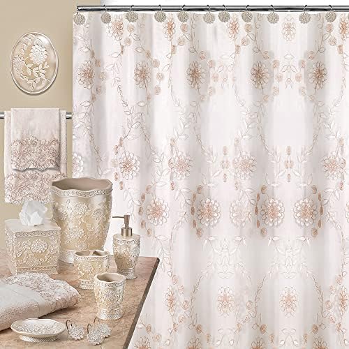 Zahari Home 13pc Rose Vine Bathroom Sheer Shower Curtain Sets Sheer Shower Curtain & 12 Shower Bathroom Hooks Modern Classic Luxury Contemporary Decor Beige Shower Curtain Set - Image 7