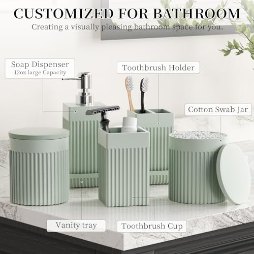 Bathroom Accessories Set, 6-Piece Resin Green Bathroom Set with Toothbrush Holders, Soap Dispenser, Vanity Tray, Tumbler, Cotton Swab Jars, Modern Bathroom Organizer for Small Spaces - Image 2