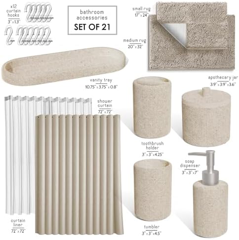 Clara Clark Beige Bathroom Set - Bathroom Sets with Shower Curtain and Rugs, 21PC Bathroom Accessory Set, Shower Curtain Set with Soap Dispenser & Toothbrush Holder - Image 2