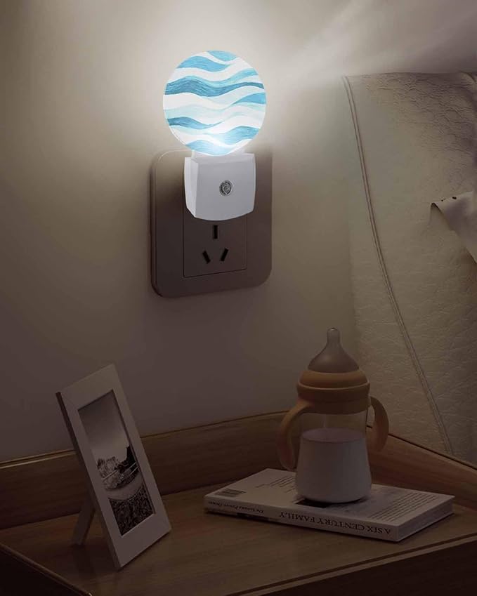 Night Lights Auto Sensor Teal Blue Ocean Waves Night Light Abstract Mountain Stripes Round Lamp Plug-in LED Nightlights Dusk to Dawn for Living Room Bedroom Bathroom Hallway Wall Decor