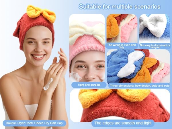 Microfiber Hair Towel Wrap for Women, 3-Pack Super Absorbent Hair Drying Cap with Cute Bow, Anti-Frizz Plopping Towel for Curly and Long Hair, Fast Drying Hair Turban for Shower, Spa, Makeup