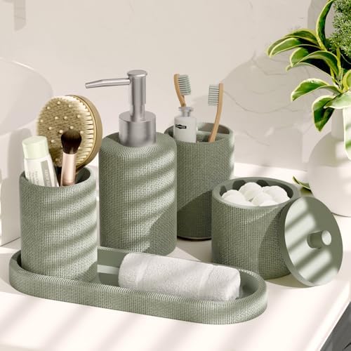 Clara Clark Bathroom Set - Sage Green Bathroom Accessories Set, 5PC Bathroom Accessory Set, Bathroom Sets with Soap Dispenser, Toothbrush Holder, Tumbler, Cotton Swab Jar & Vanity Tray - Image 7