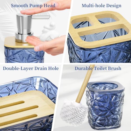 Bathroom Accessory Set, 9-Piece Blue Bathroom Set with Trash Can, Toilet Brush, Soap Dispenser, Soap Dish, Toothbrush Holder, Tumbler, Q-tip Holders & Tray, for Hotel/Apartment, Housewarming Gift - Image 5