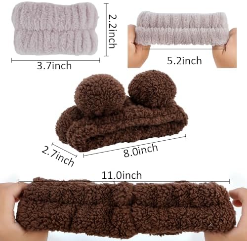 AHONEY Spa Bear Ears Headband, Face Wash Headband and Wristband Set, Cute Makeup Skincare Headbands Wrist Bands for Washing Face for Women Girls Elastic Hair Band (Brown) - Image 4