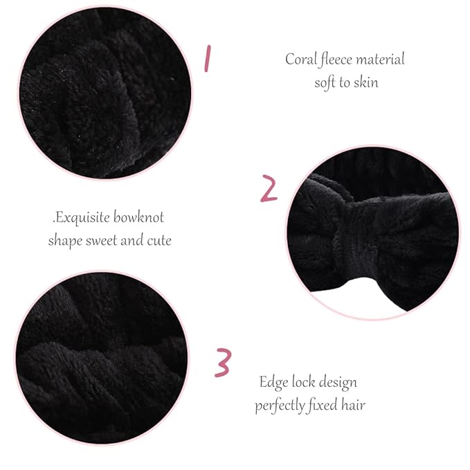 WHAVEL 6 Pack Spa Headbands,Black Makeup Microfiber Bowtie Headbands Soft Bowknot Fluffy Elastic Hair Band