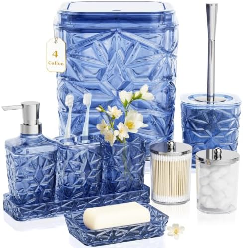 Bathroom Accessory Set, 9-Piece Blue Bathroom Set with Trash Can, Toilet Brush, Soap Dispenser, Soap Dish, Toothbrush Holder, Tumbler, Q-tip Holders & Tray, for Hotel/Apartment, Housewarming Gift by Unknown