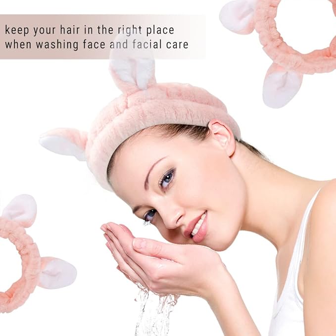 AHONEY Bunny Ears Headband, 4Pcs Skin Care Headbadns Fuzzy Headband for Washing Face Kawaii Makeup Cute Headbands Coral Fleece Elastic Hair Band Easter Bunnies Cosmetic