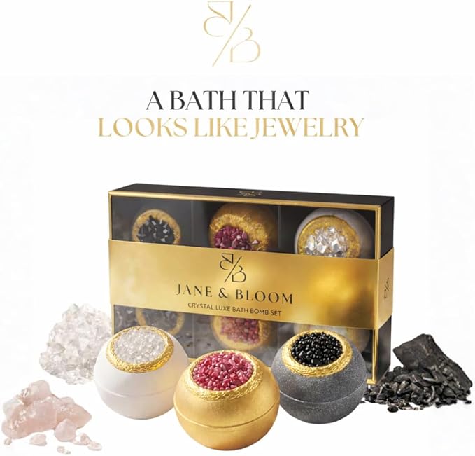 Crystal Luxe Bath Bomb Gift Set for Women, 6 Large Moisturizing Bath Bombs with Natural Oils, Luxury Home Spa Fizzies for Relaxation, Self Care, Birthday & Mothers Day Gifts