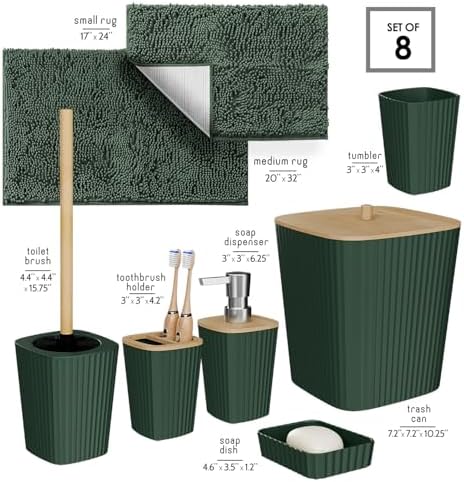 Clara Clark Bathroom Set - Hunter Green Bathroom Accessories Set, 6PC Bathroom Accessory Set, Bathroom Sets with Bathroom Rugs, Toilet Brush, Trash Can & Soap Dispenser - Image 2