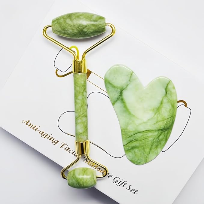 Jade Roller and Gua Sha Set, Natural Jade Stone Facial Massage Tools with Gold Frame for Puffiness and Redness Reducing, Skin Care Routine Gift