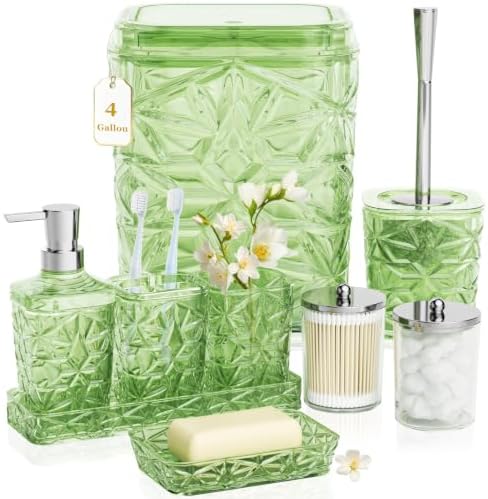 Bathroom Accessory Set, 9-Piece Green Bathroom Set with Trash Can, Toilet Brush, Soap Dispenser, Soap Dish, Toothbrush Holder, Tumbler, Q-tip Holders & Tray, for Hotel/Apartment, Housewarming Gift by Unknown