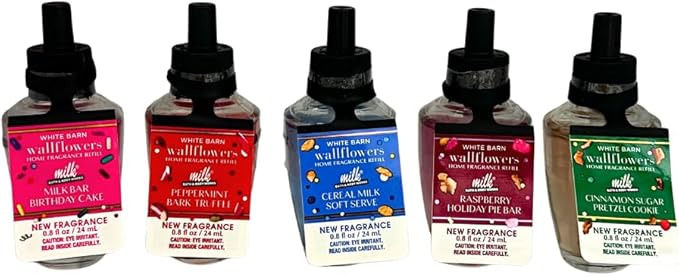 Bath & Body Works Wallflowers Refills MILK BAR Collection 2025 5pc Gift Set w/ 30-Inch Metallic Gold & Silver Striped Bow – Birthday Cake, Cereal Milk, Raspberry Pie, Peppermint Bark & Cinnamon Sugar