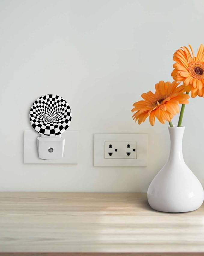 Night Lights Auto Sensor Black White Checker Night Light 3D Abstract Mosaic Tiles Round Lamp Plug-in LED Nightlights Dusk to Dawn for Living Room Bedroom Bathroom Hallway Wall Decor