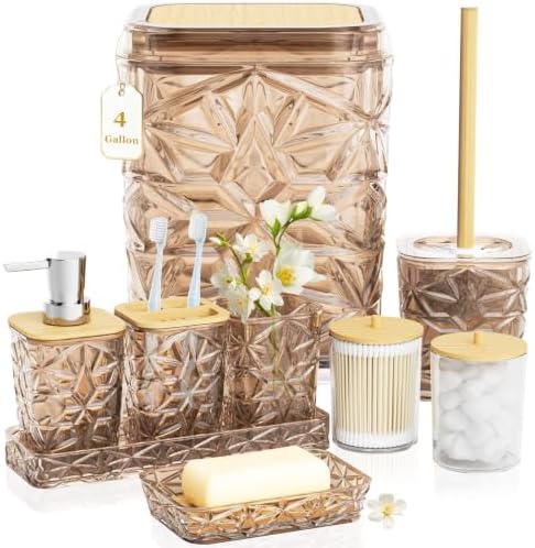 Bathroom Accessory Set, 9-Piece Brown Bathroom Set with Trash Can, Toilet Brush, Soap Dispenser, Soap Dish, Toothbrush Holder, Tumbler, Q-tip Holders & Tray, for Hotel/Apartment, Housewarming Gift by Unknown