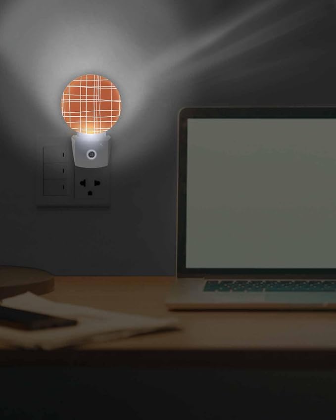Night Lights Auto Sensor Orange Checked Plaid Night Light Minimalist Grid Lines Round Lamp Plug-in LED Nightlights Dusk to Dawn for Living Room Bedroom Bathroom Hallway Wall Decor